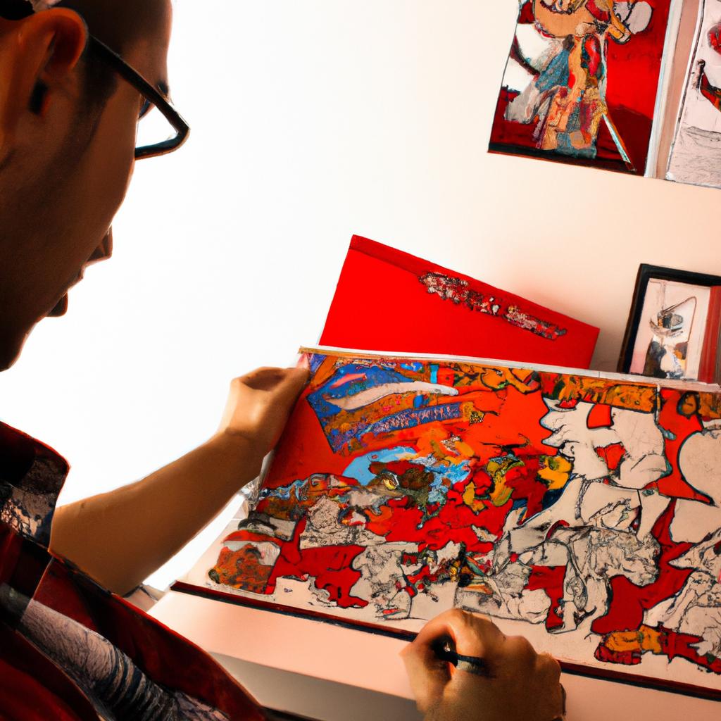 Person studying comic book art