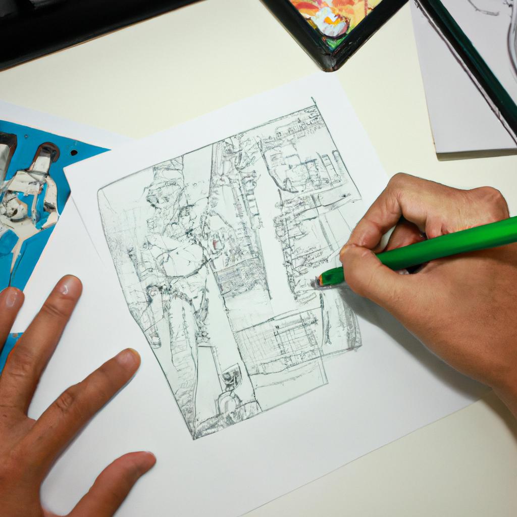 Person drawing comic book layout