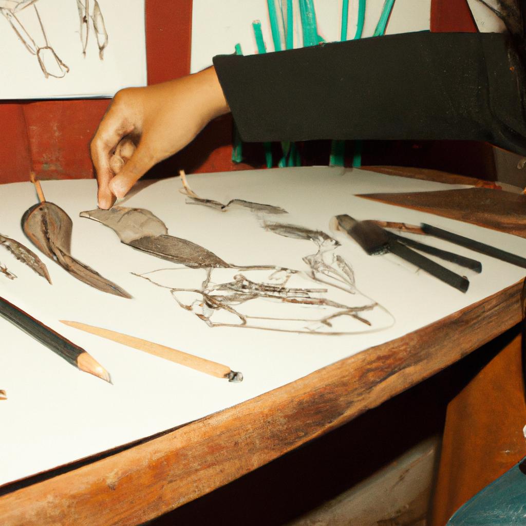 Person drawing with various tools